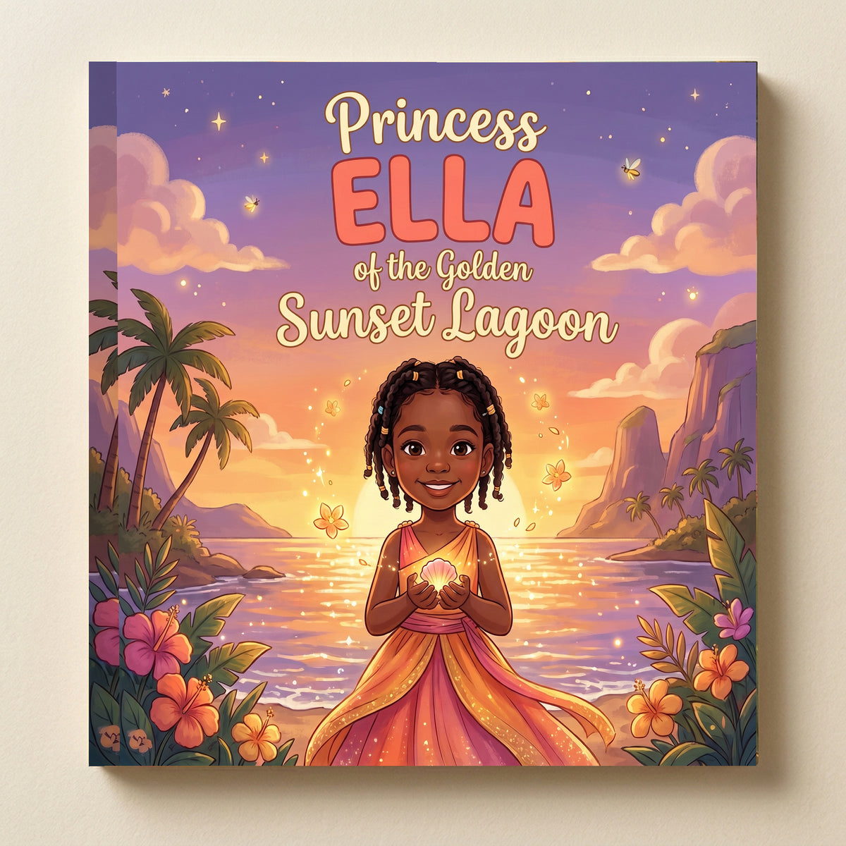 Closed front cover of “Princess ELLA of the Golden Sunset Lagoon” on a neutral cream background.