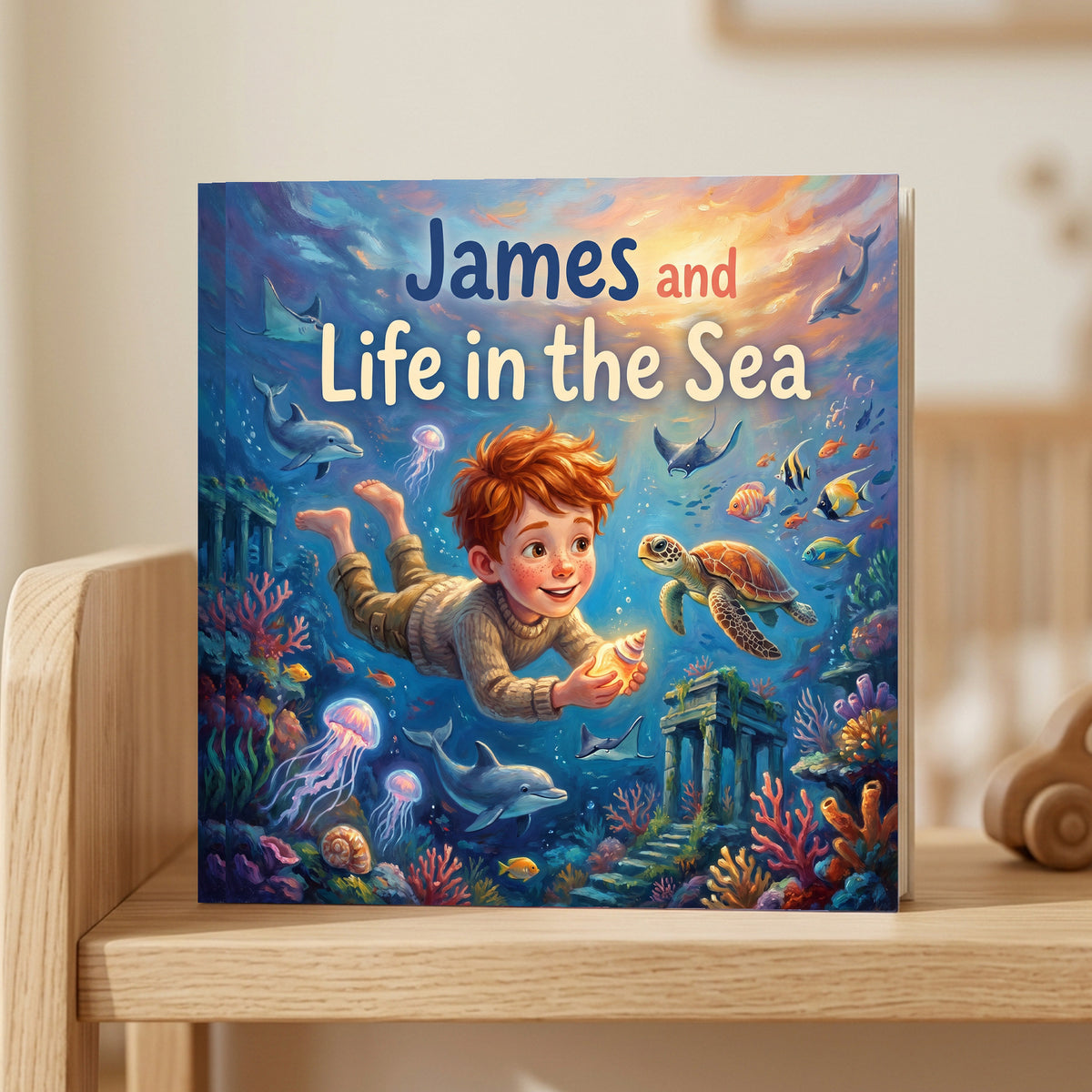 Closed front cover of “James and Life in the Sea” on a wooden shelf in a calm room.