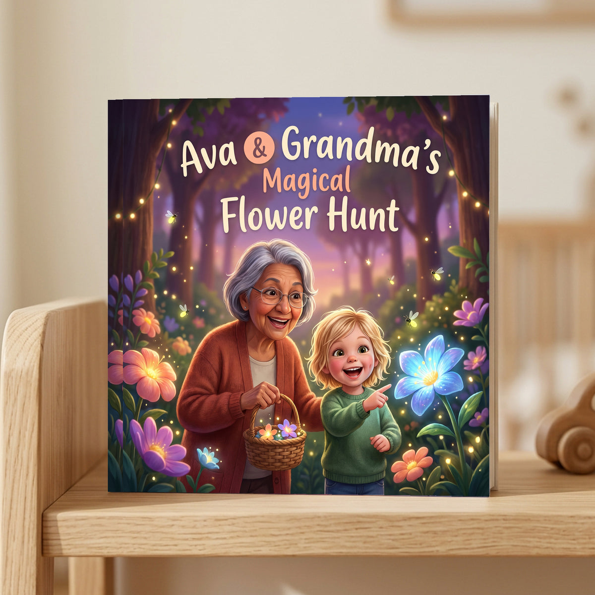 Closed front cover of “Ava & Grandma’s Magical Flower Hunt” on a wooden shelf in a calm room.