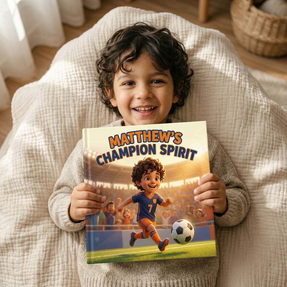 Personalized children's book — Personalized Sports Star Storybook, Custom Name Champion Book, First Birthday Gift — on shelf