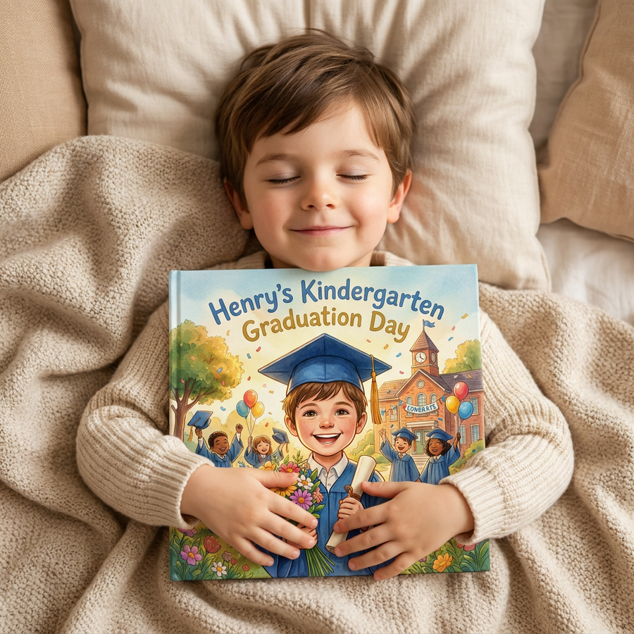 Personalized children's book — Personalized Graduation Book, Custom Name Keepsake Story, Spring Kindergarten Gift — on shelf