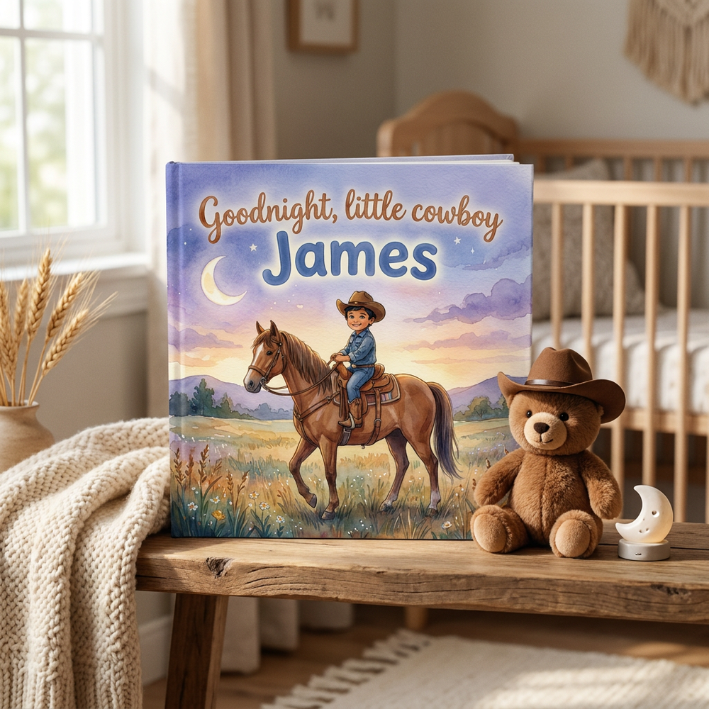 Personalized Cowboy Story Book for James, Custom Name Western Adventure — at home