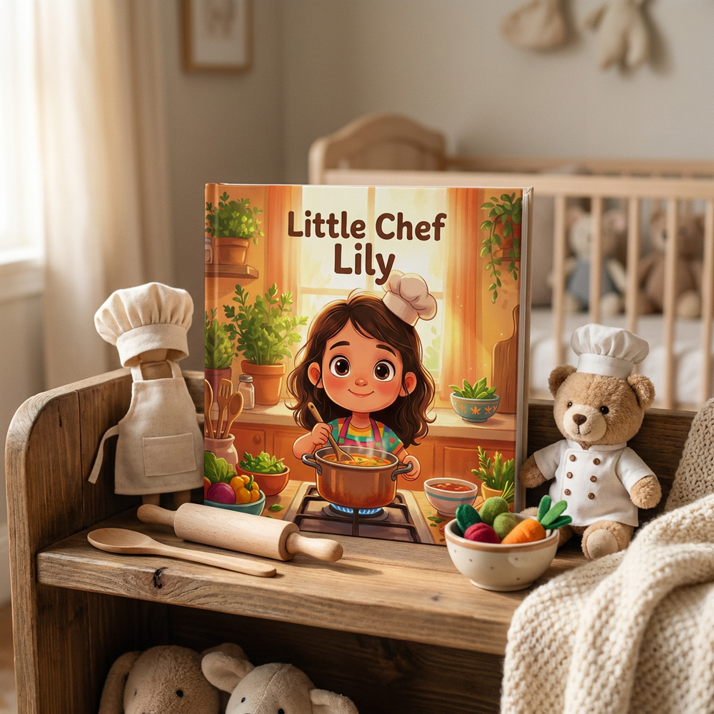 Personalized Chef Storybook for Kids, Custom Name Culinary Adventure, First Birthday Gift — at home
