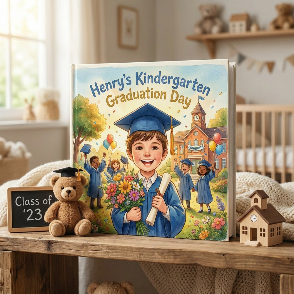 Personalized Graduation Book, Custom Name Keepsake Story, Spring Kindergarten Gift — at home
