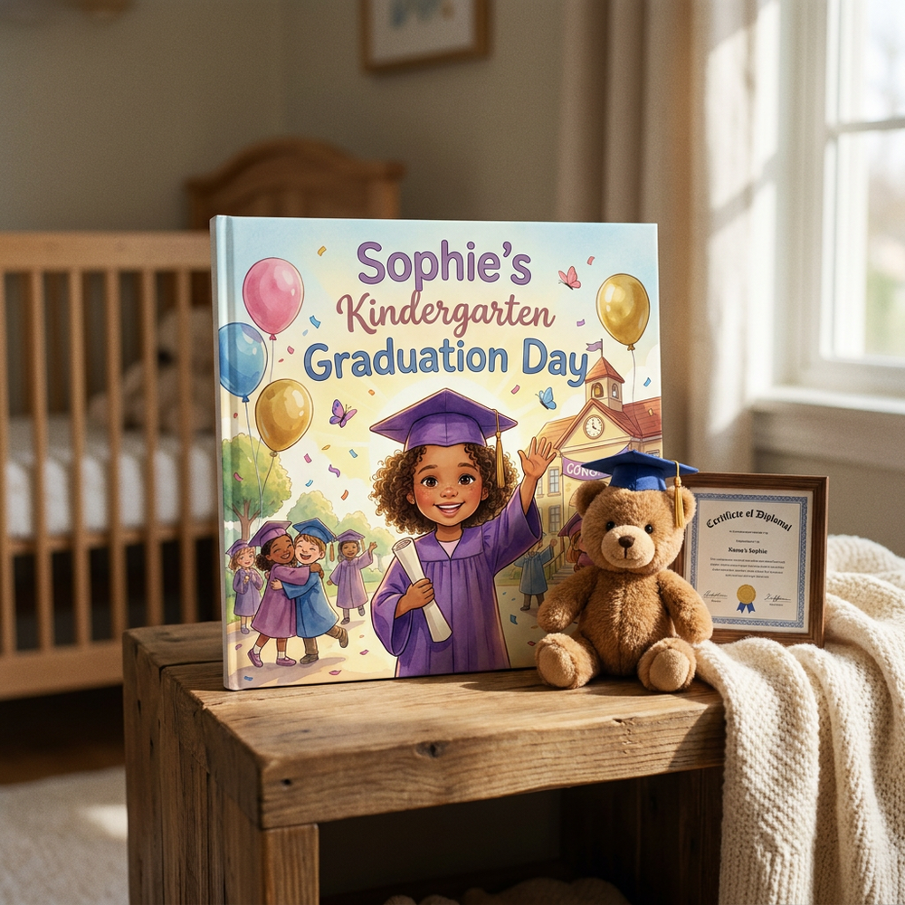 Personalized Kindergarten Graduation Day Storybook, Custom Name Keepsake for Her — at home