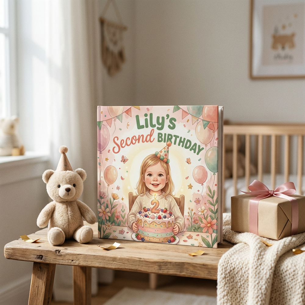 Personalized Second Birthday Book, Custom Name Celebratory Story, Unique Keepsake Gift — at home