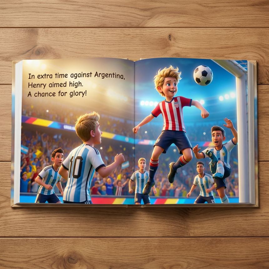 Personalized World Cup 2026 Soccer Book — Your Child Lifts the Trophy — two inside page spreads