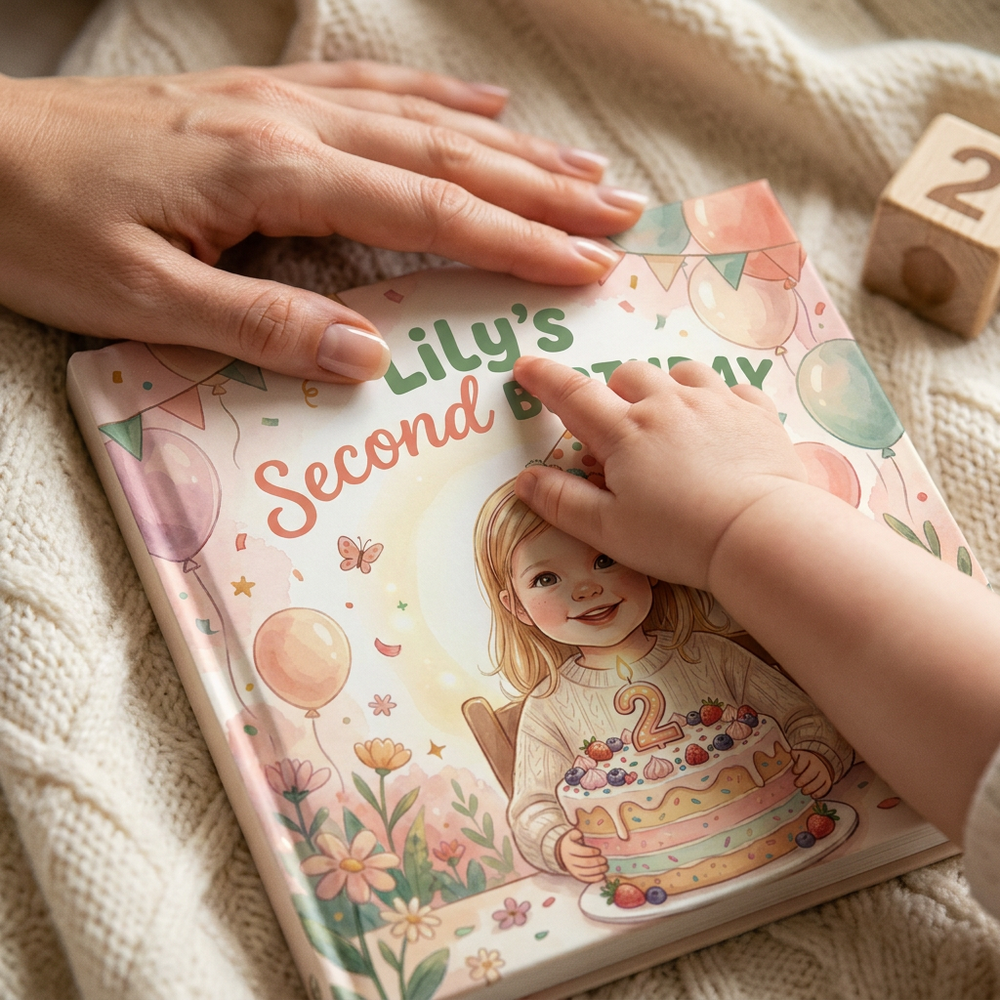 Personalized Second Birthday Book, Custom Name Celebratory Story, Unique Keepsake Gift — cover detail