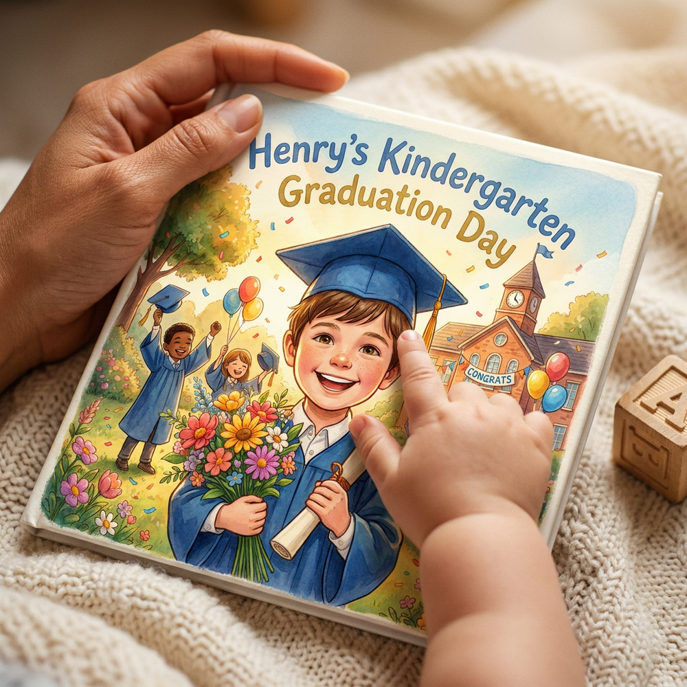 Personalized Graduation Book, Custom Name Keepsake Story, Spring Kindergarten Gift — cover detail