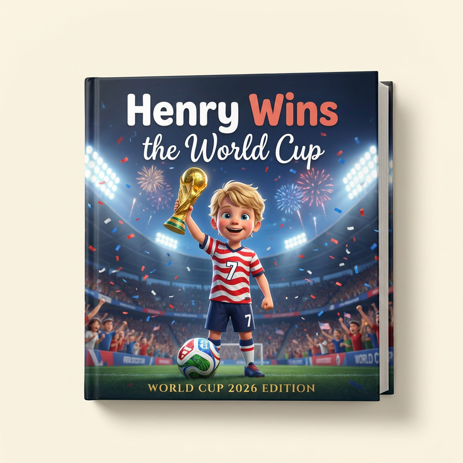 Personalized children's book — Personalized World Cup 2026 Soccer Book — Your Child Lifts the Trophy — hardcover mockup