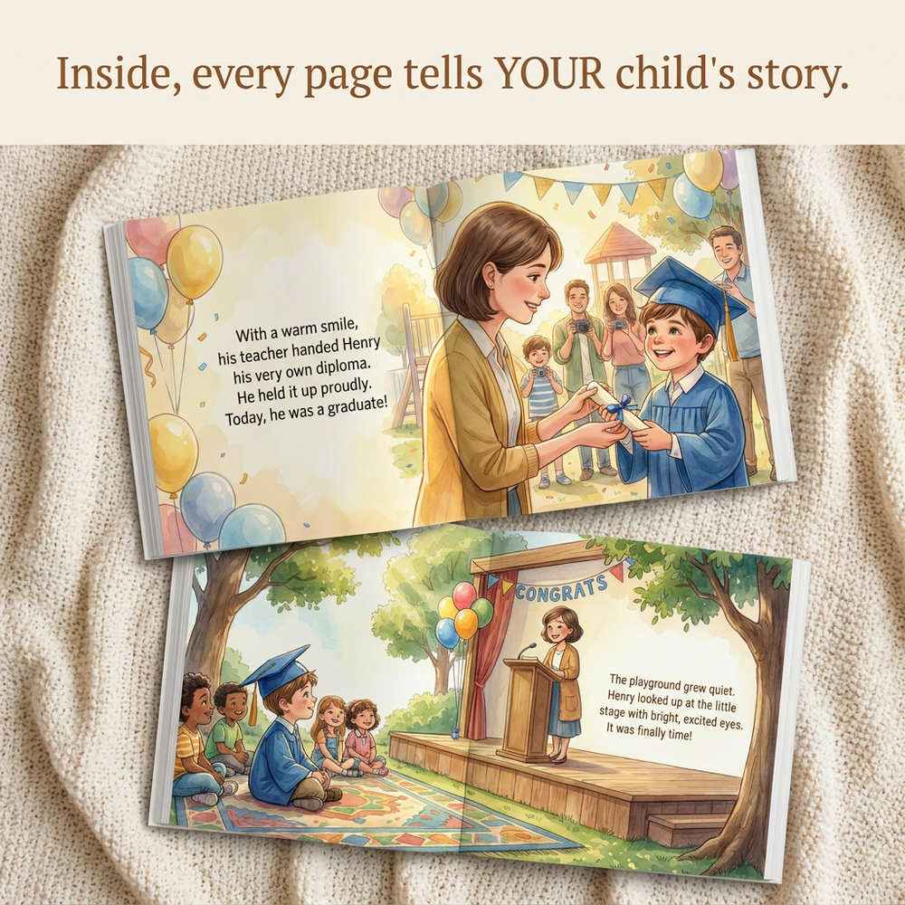 Inside the book — Personalized Graduation Book, Custom Name Keepsake Story, Spring Kindergarten Gift — child reading