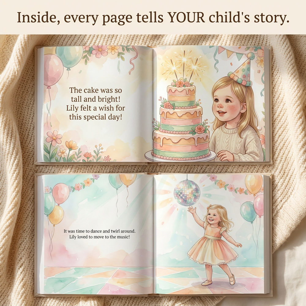 Inside the book — Personalized Second Birthday Book, Custom Name Celebratory Story, Unique Keepsake Gift — child reading
