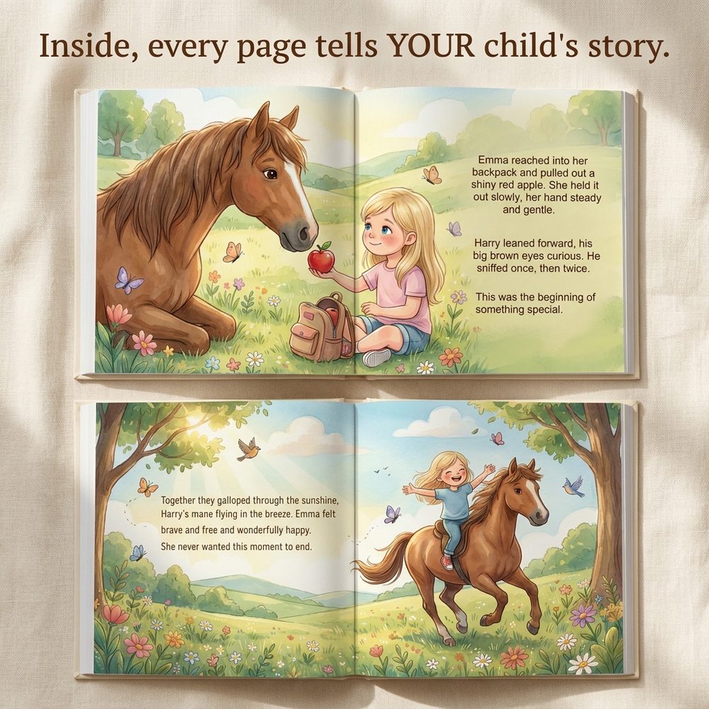 Inside the book — Personalized Horse Adventure Story Book, Custom Name Keepsake for Kids, Unique Childhood Gift — child reading
