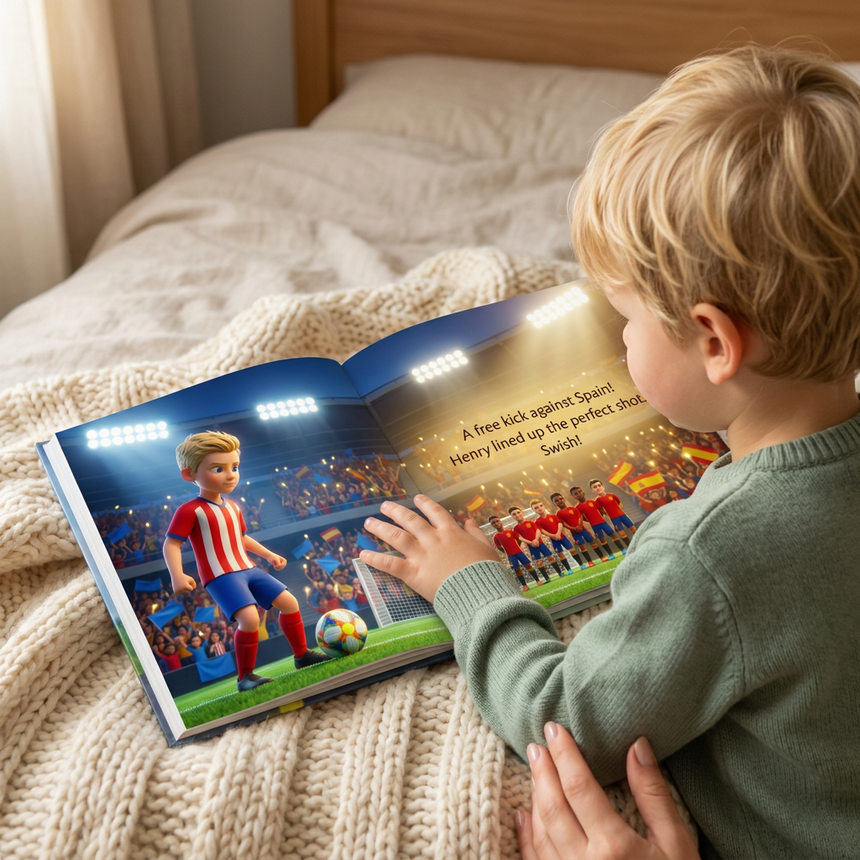 Inside the book — Personalized World Cup 2026 Soccer Book — Your Child Lifts the Trophy — child reading