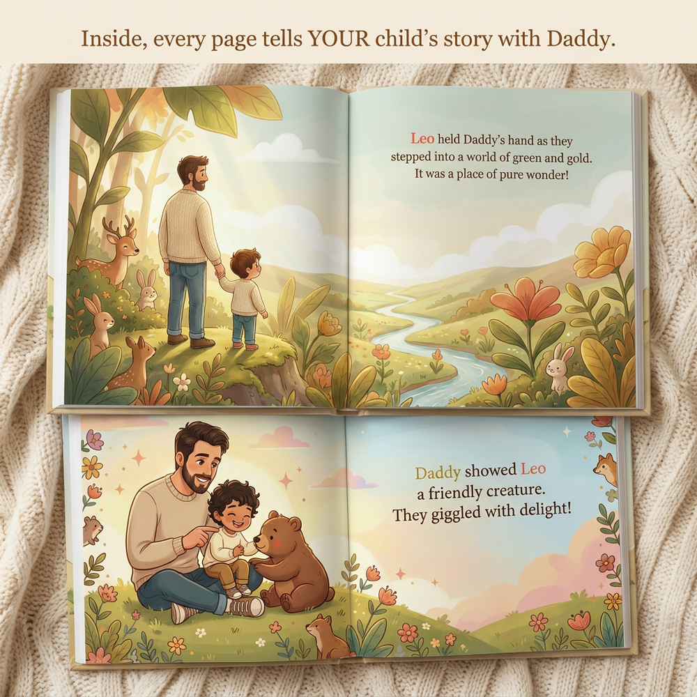 Inside the book — Personalized First Father's Day Storybook, Custom Dad & Baby Keepsake — child reading