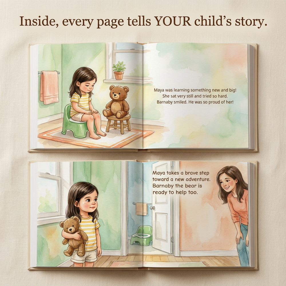 Inside the book — Custom Potty Training Book for Maya, Personalized Toddler Story Gift, Toilet Learning Keepsake — child reading