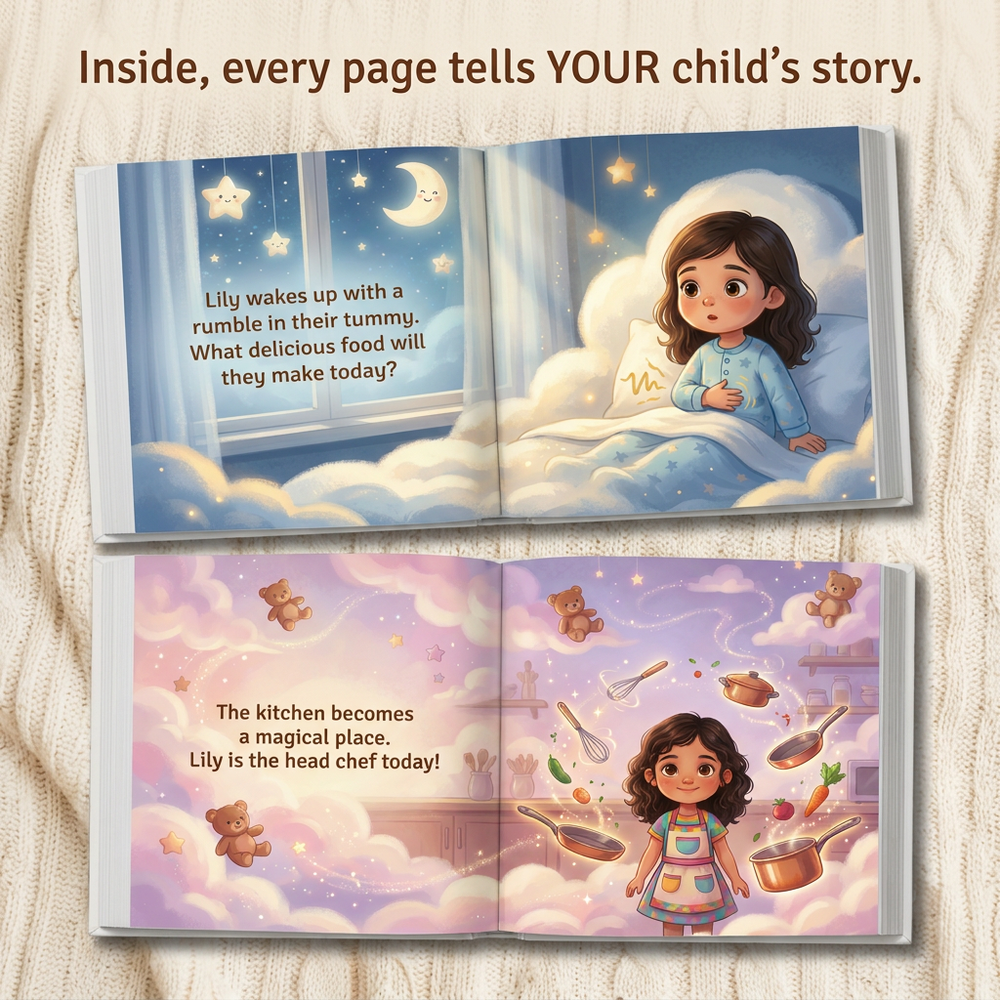 Inside the book — Personalized Chef Storybook for Kids, Custom Name Culinary Adventure, First Birthday Gift — child reading