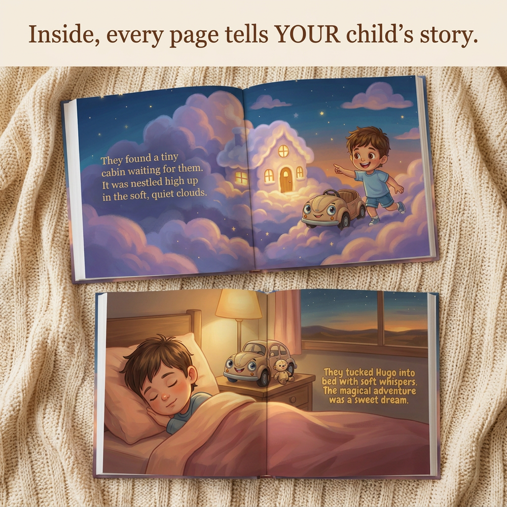 Inside the book — Personalized Hugo & Milo Bedtime Story, Custom Name Keepsake Book, Baby Gift — child reading