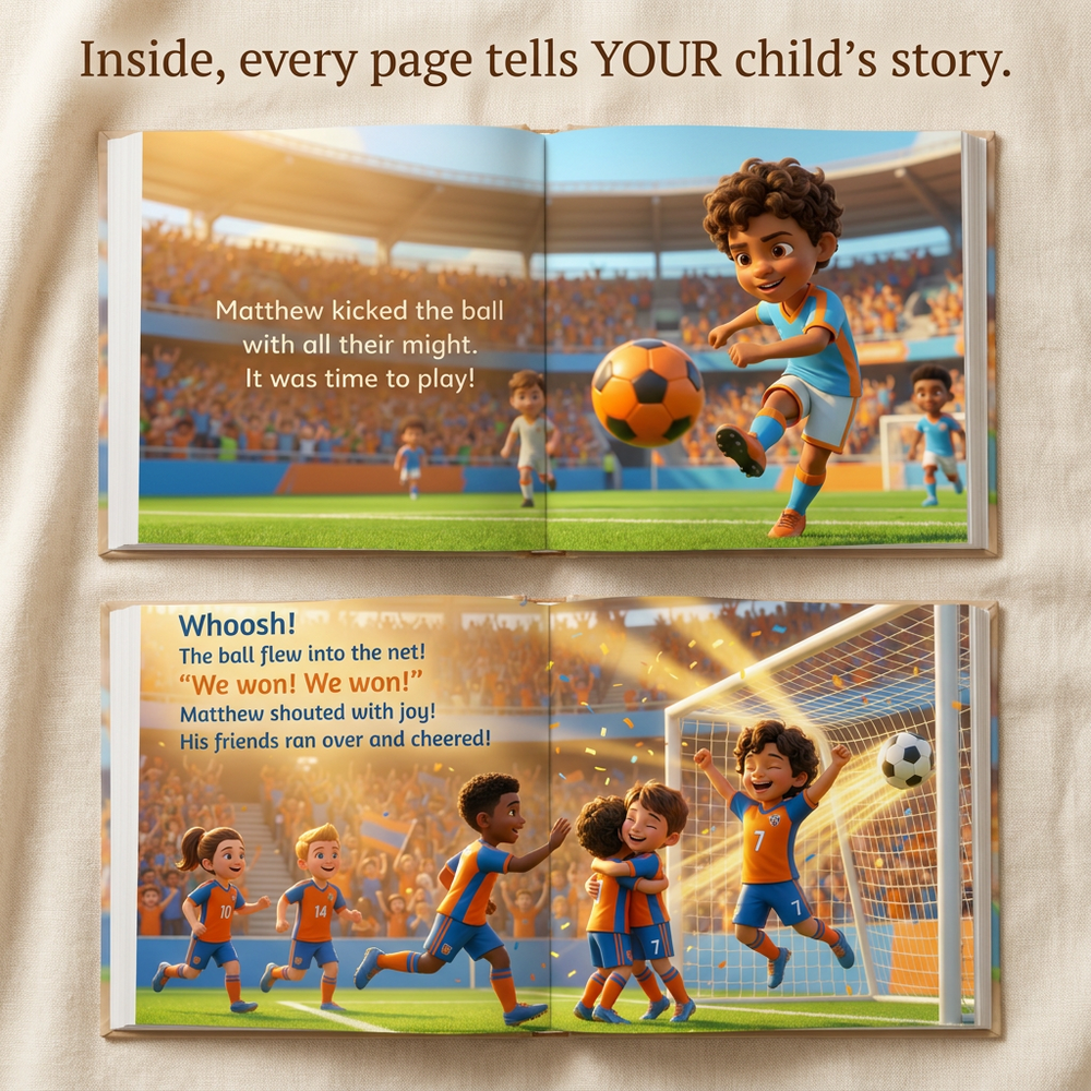 Inside the book — Personalized Sports Star Storybook, Custom Name Champion Book, First Birthday Gift — child reading