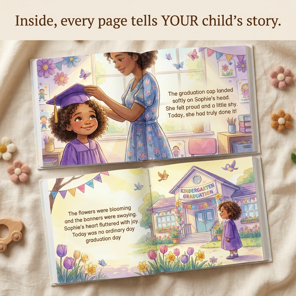 Inside the book — Personalized Kindergarten Graduation Day Storybook, Custom Name Keepsake for Her — child reading