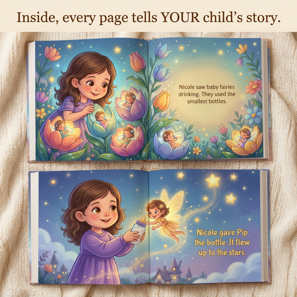 Inside the book — Personalized Fairy Storybook, Custom Name Keepsake, First Birthday Gift — child reading