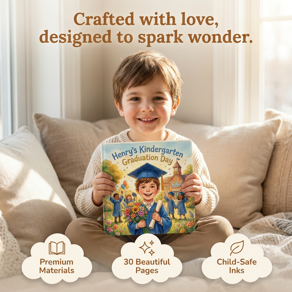 Personalized Graduation Book, Custom Name Keepsake Story, Spring Kindergarten Gift — cozy reading moment with mom