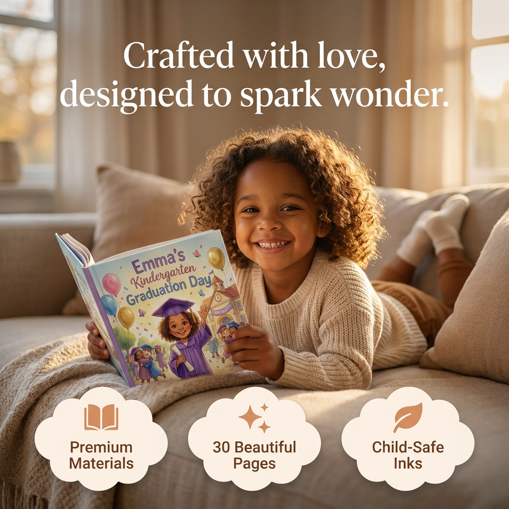 Personalized Kindergarten Graduation Day Storybook, Custom Name Keepsake for Her — cozy reading moment with mom