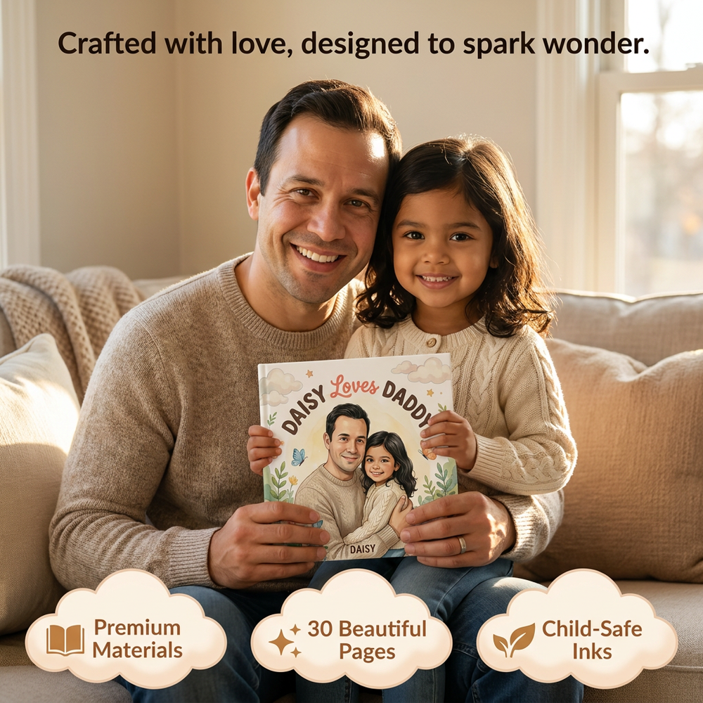 Custom Father's Day Book for Dad, Personalized Daddy & Me Story — cozy reading moment with mom