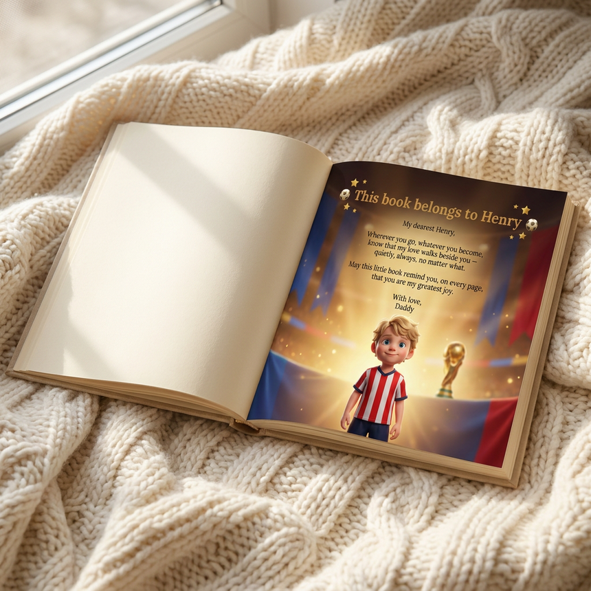 Personalized World Cup 2026 Soccer Book — Your Child Lifts the Trophy — dedication page