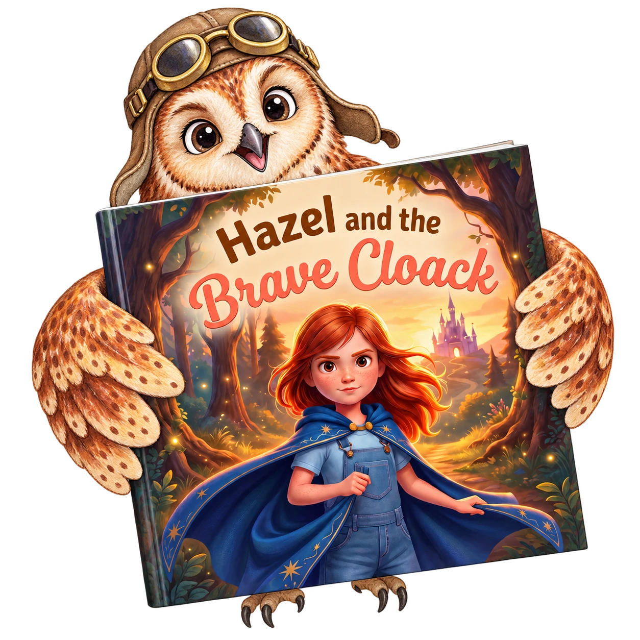 An illustrated owl holding Hazel and the Brave Cloak personalized storybook