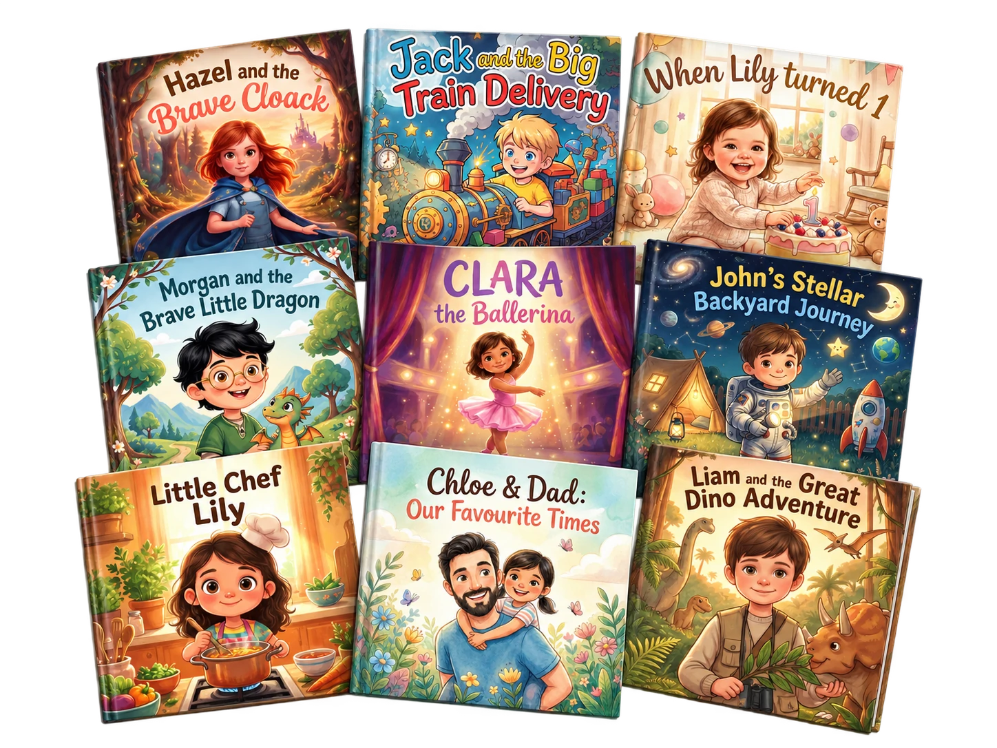 A colorful collection of personalized children's storybook covers