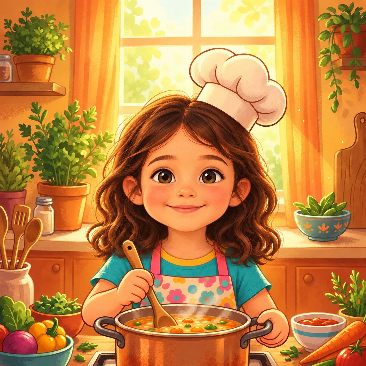 After: the same girl illustrated in the Little Chef story, stirring soup in a sunlit kitchen.