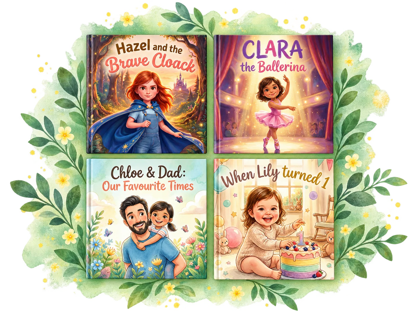 Four illustrated personalized books framed by flowers and leaves