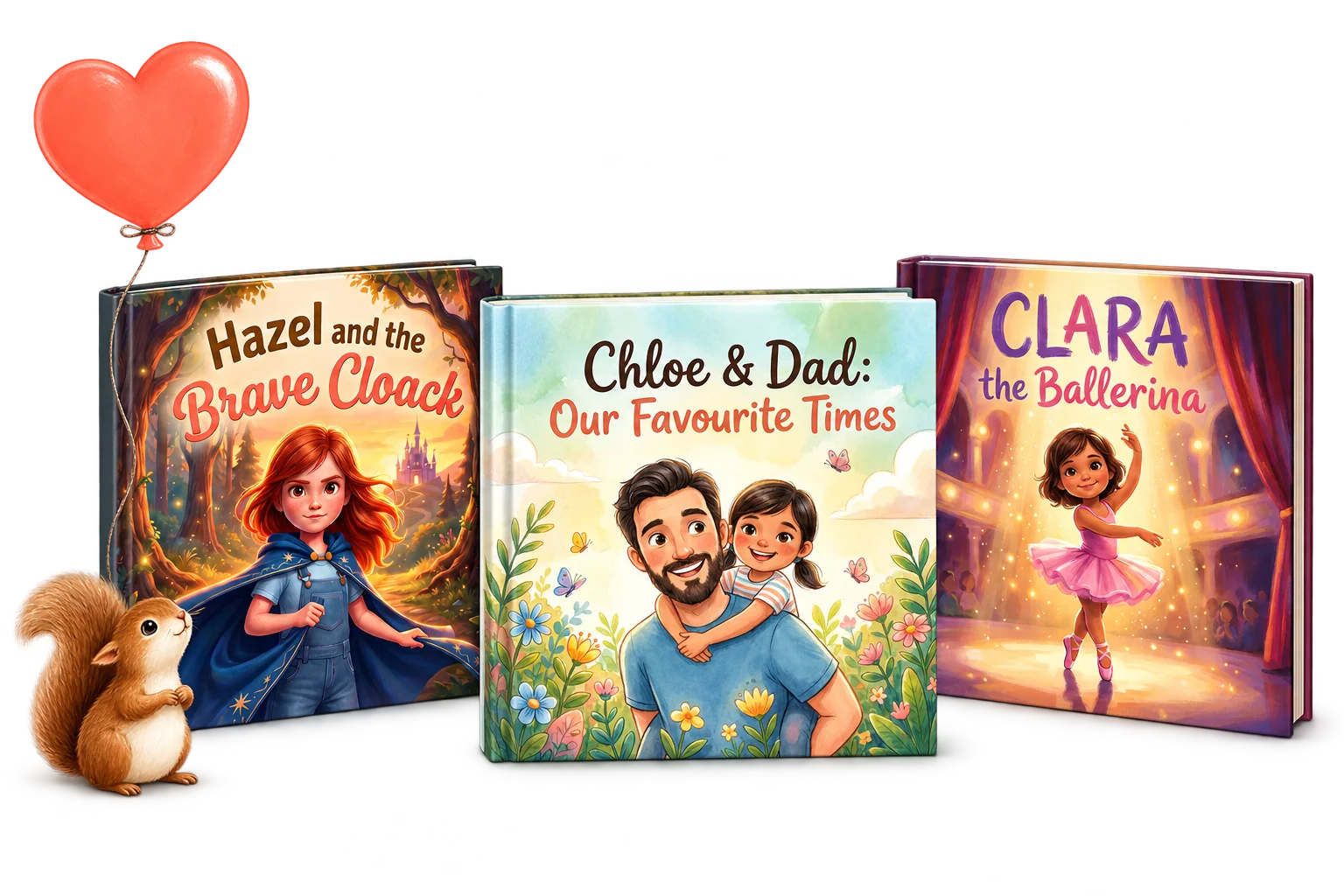 Three illustrated personalized keepsake books beside a squirrel and heart balloon