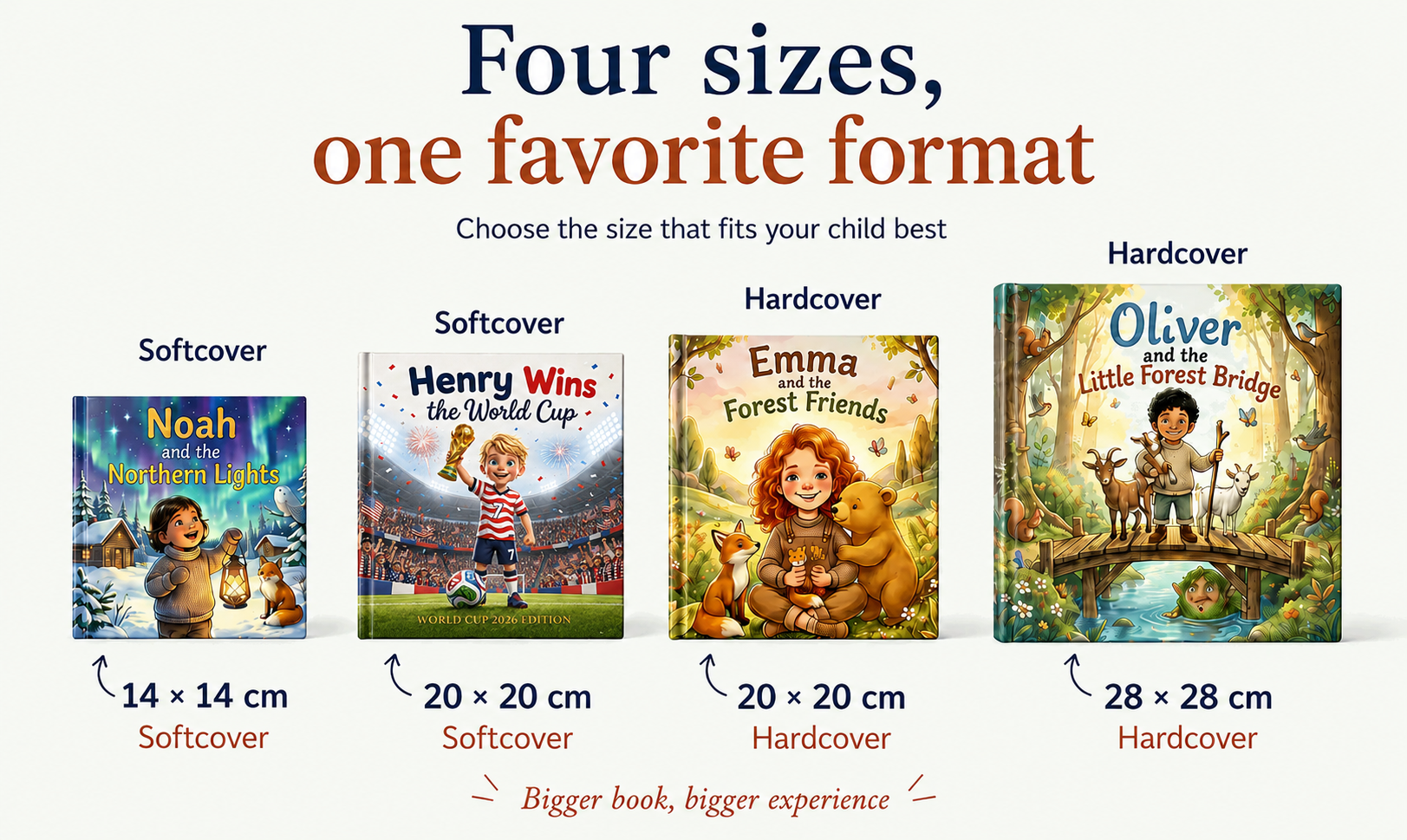 Four sizes, one favorite format. Choose the size that fits your child best: softcover 14 x 14 cm, softcover 20 x 20 cm, hardcover 20 x 20 cm, and hardcover 28 x 28 cm. Bigger book, bigger experience.