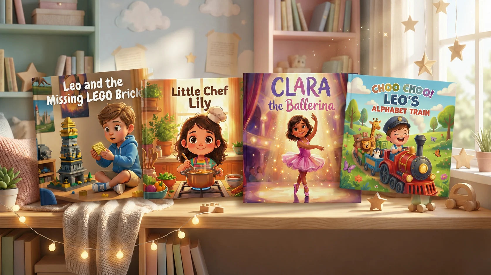 Personalized children's books displayed together in a cozy nursery