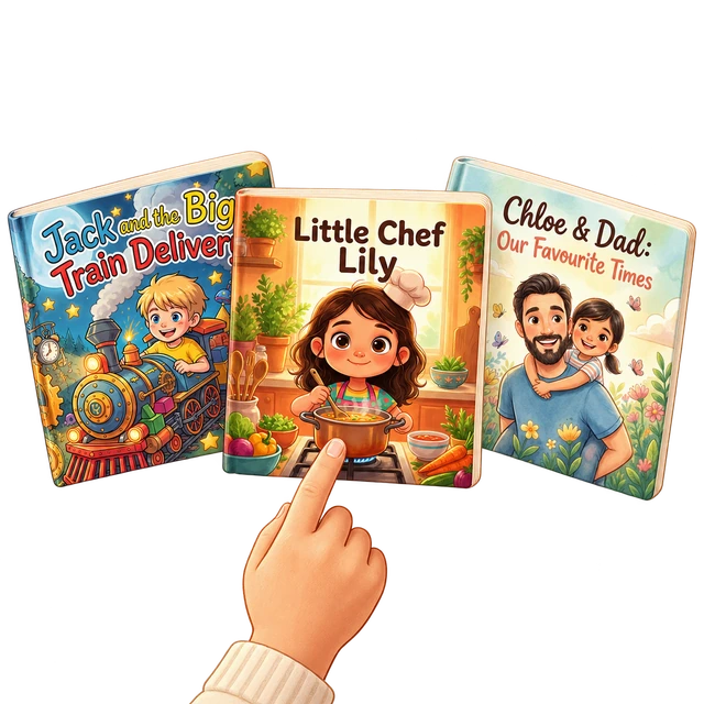 A hand chooses Little Chef Lily between the real Train Adventure and Chloe and Dad books.