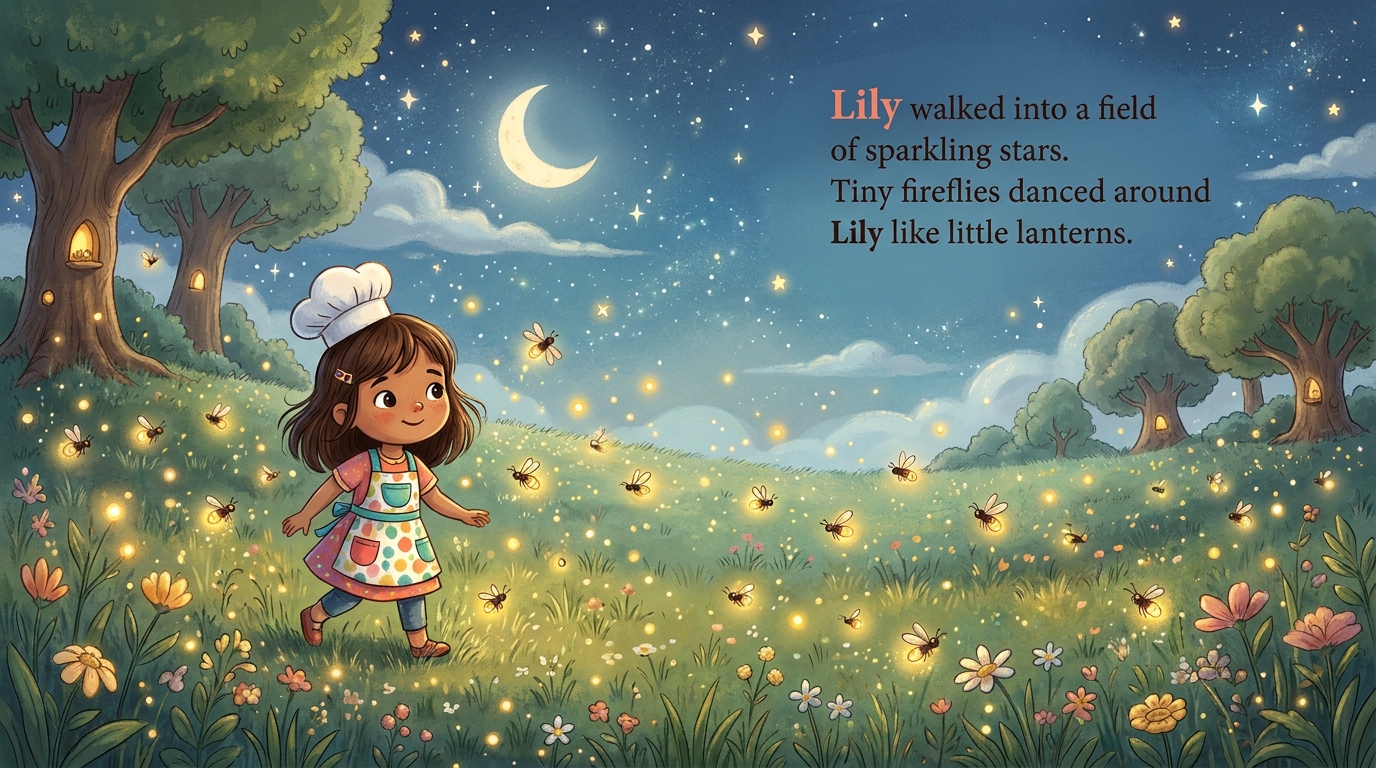 Lily walks through a field of fireflies