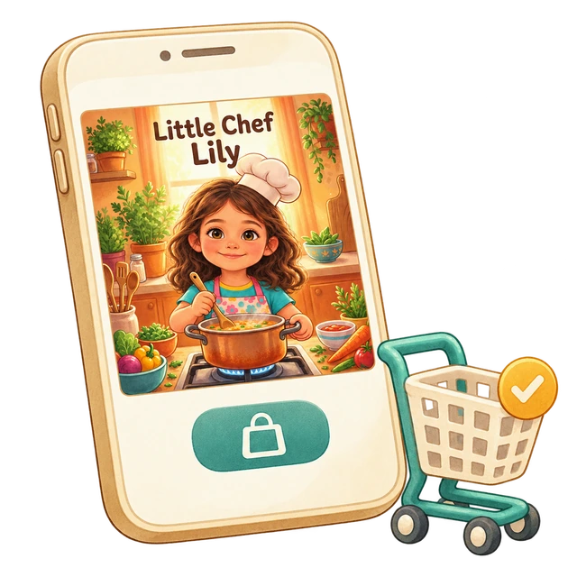 A phone displays the personalized Little Chef Lily cover beside a shopping cart.