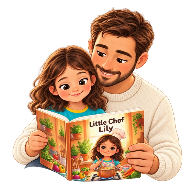 The same child and her father read their printed Little Chef Lily book together.